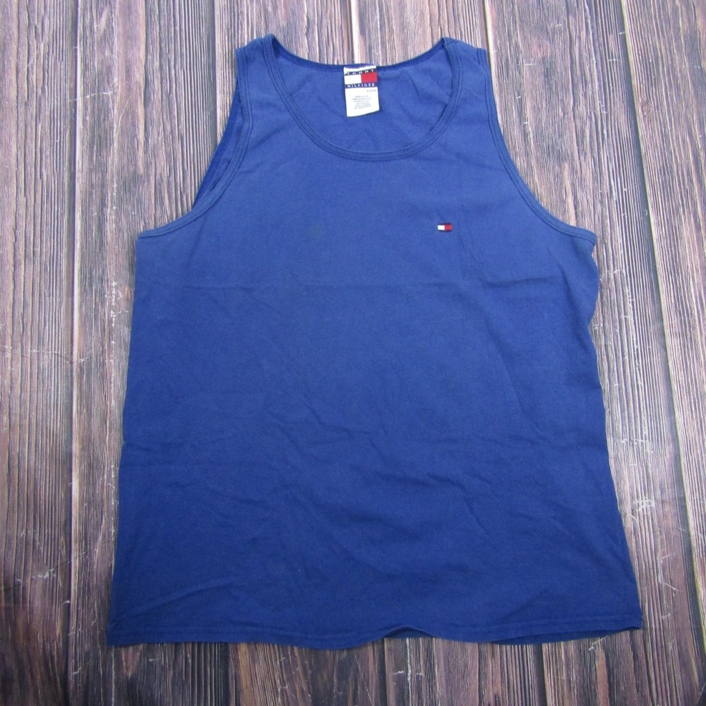 Vintage Tommy Hilfiger Shirt Mens XL Blue Tank Top Embroidered Flag Made USA Tee